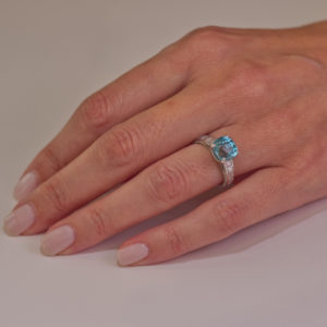 Bague aigue marine diamant baguette en or blanc
