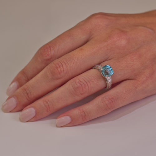 Bague aigue marine diamant baguette en or blanc